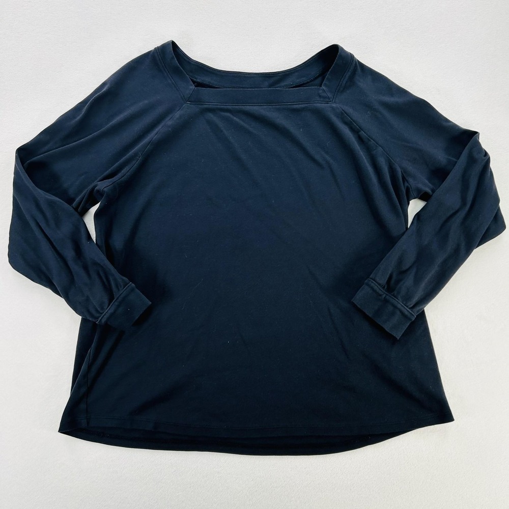 Lands End Shirt Womens XL Black Navy Blue Boat Neck Raglan Long Sleeve Casual